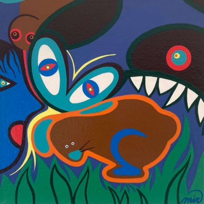 angsthaas - 30x30, linnen/verf/lak, € 300,-