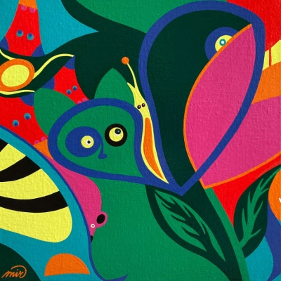 green-cat-life - 40x40, linnen/verf/lak, € 400,-