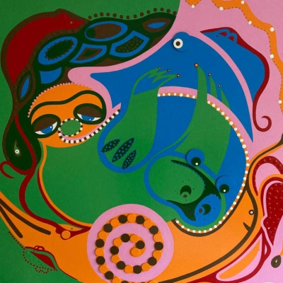 redratrace - 100x100, linnen/verf/lak, € 1000,-
