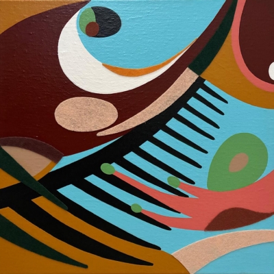 snaergevoelig - 30x30, linnen/verf/lak/vilt, € 300,-