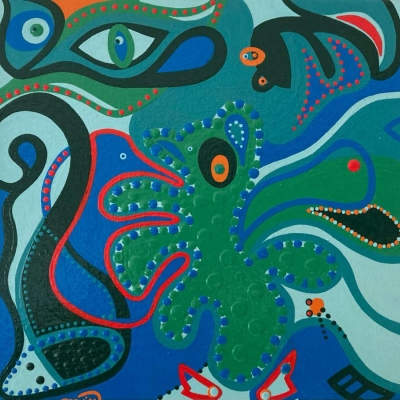 verbindende chaos - 30x30, linnen/verf/lak, € 300,-