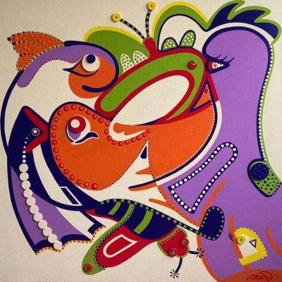 vlucht naar vrijheid - 100x100, linnen/verf/lak, € 1000,-