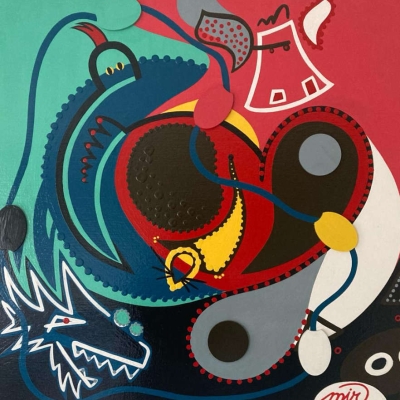 yinyangig - 60x60, linnen/verf/lak, € 600,-